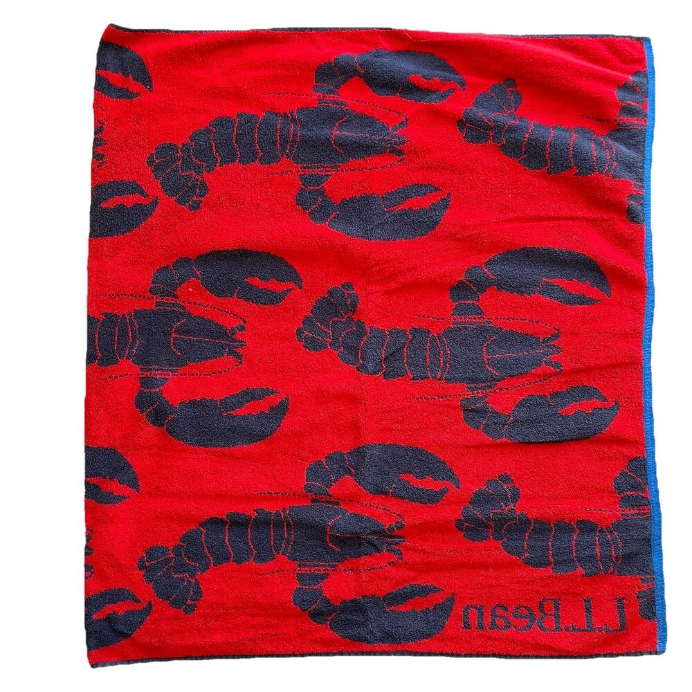 LL Bean Seaside Beach Towel Bath Pool Towel 35x68 Lobster Blue/Red Ocean Large - Picture 3 of 11